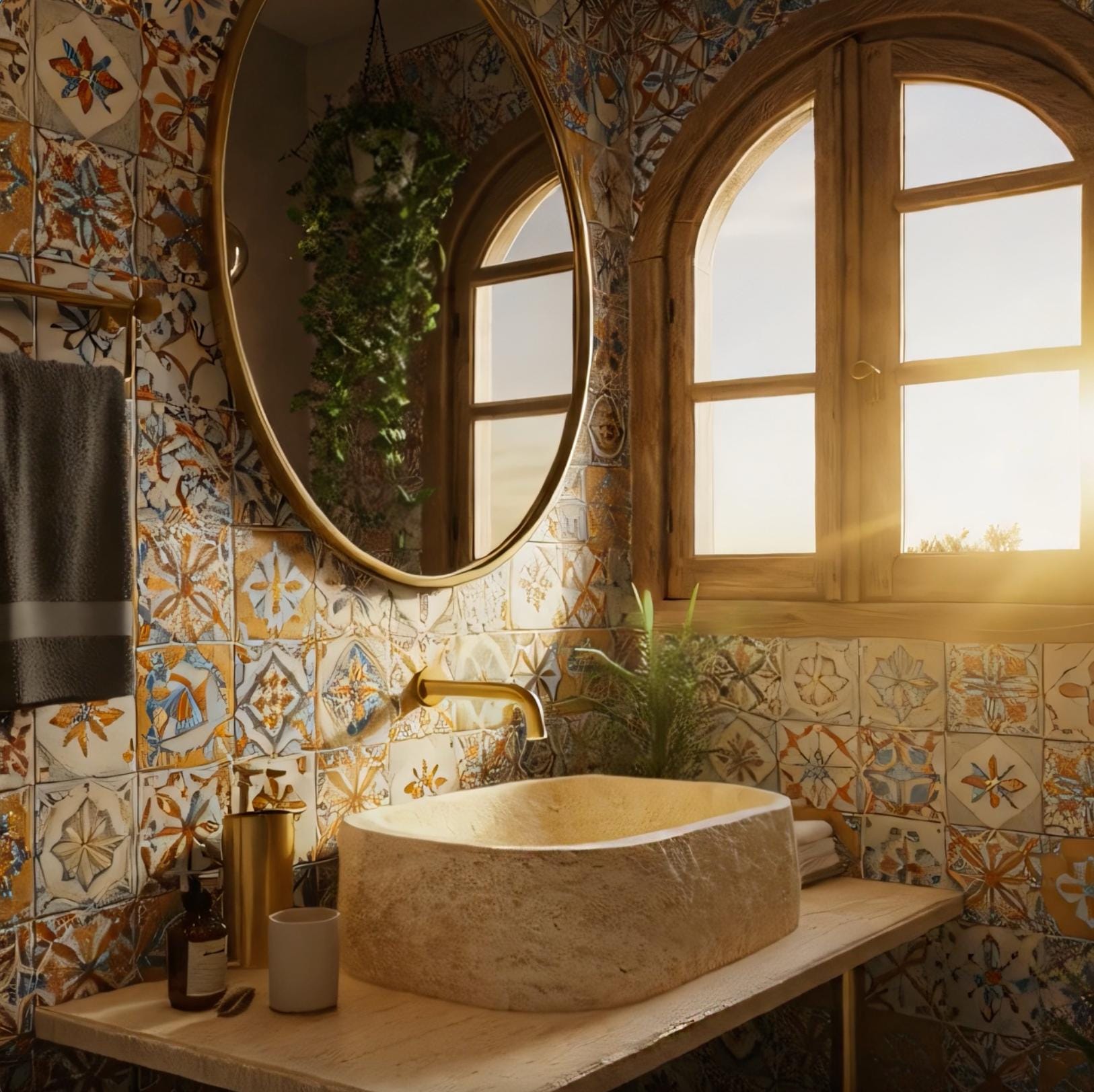 This image showcases a luxury oval travertine basin against a backdrop of vintage patterned tiles.