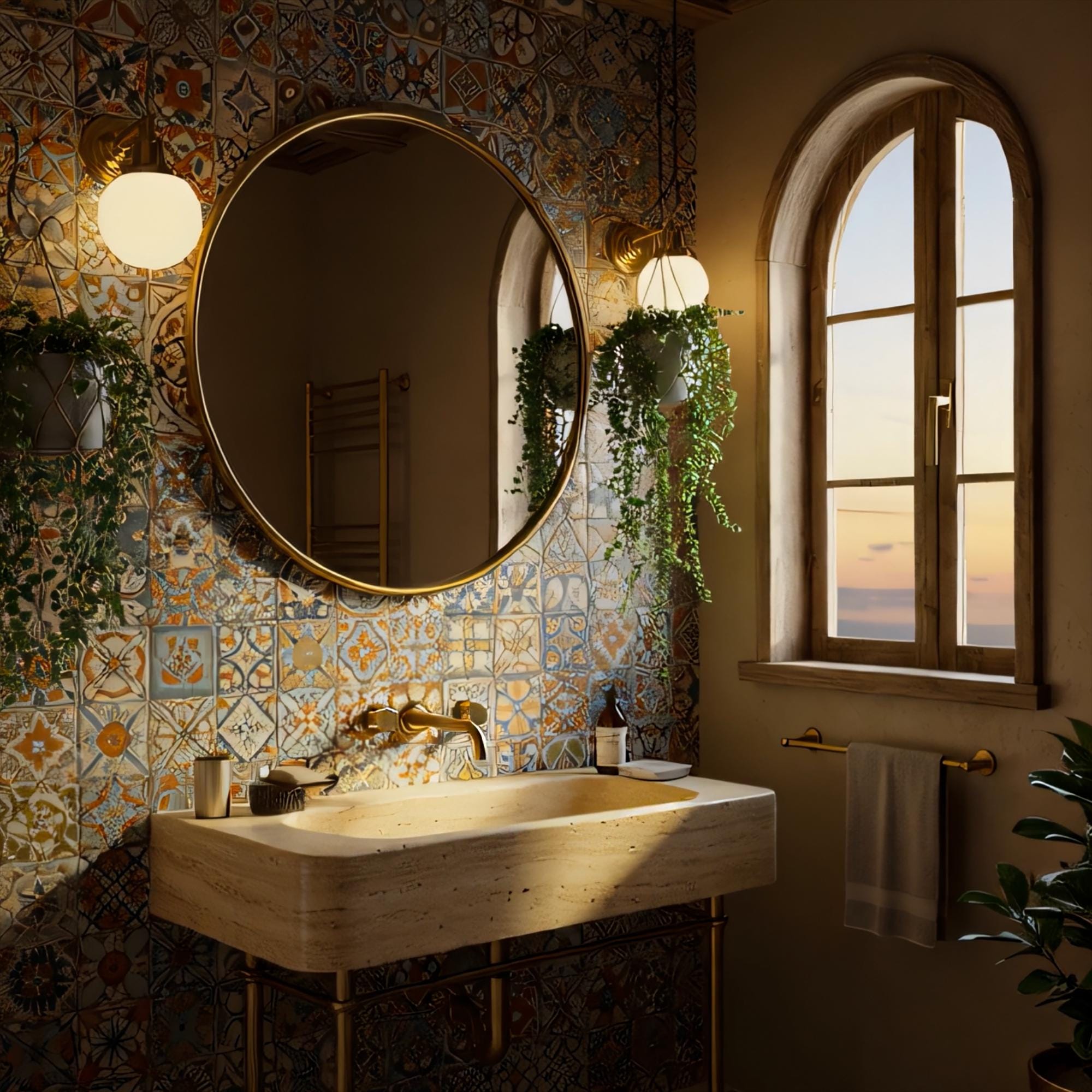 The sink features natural travertine stone and warm brass hardware for a timeless look.