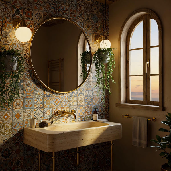 Rustic Travertine Wall Mounted Sink - Luxury Vanity with Brass Fixtures M2M029 hover