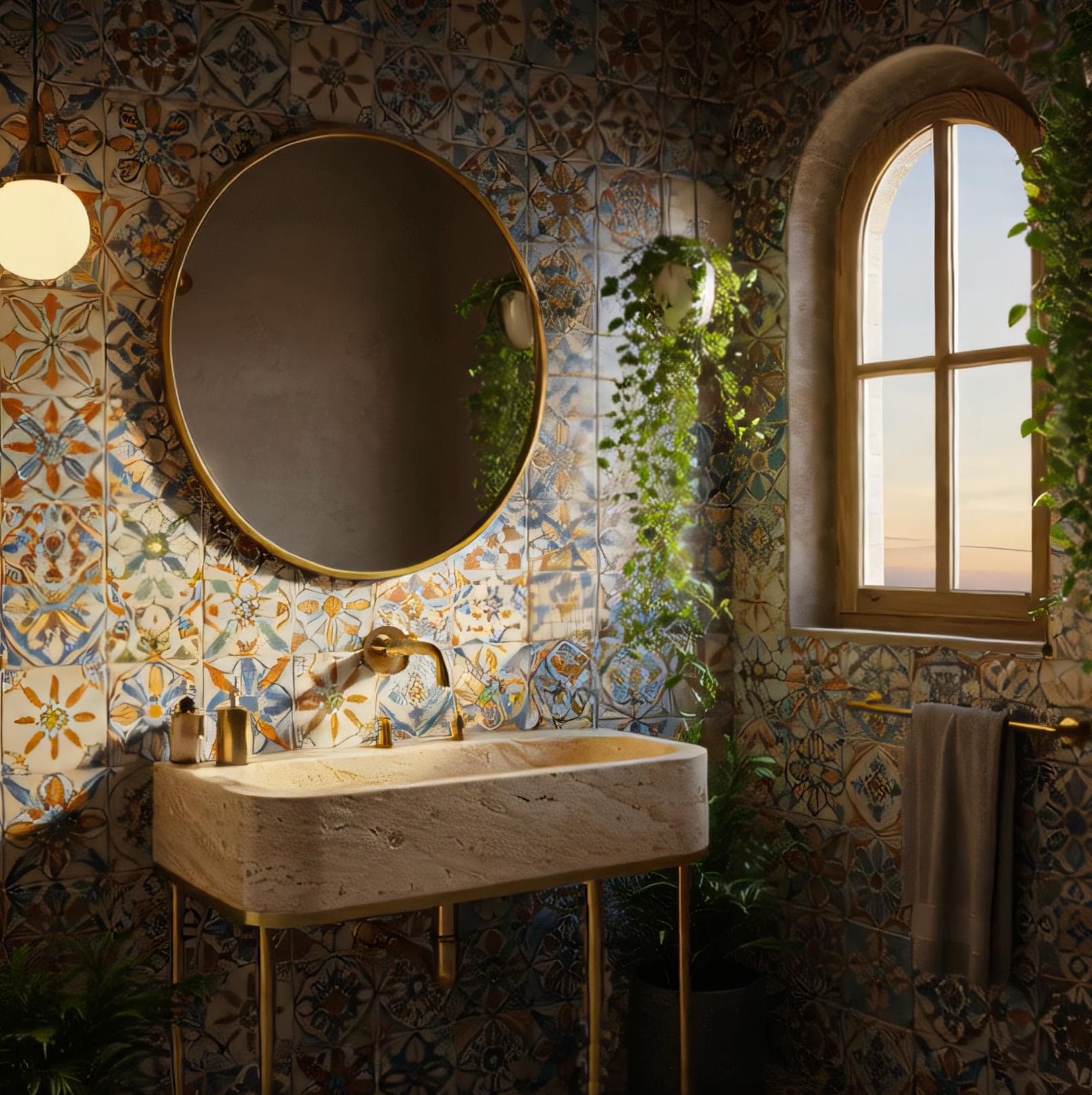 This natural stone vanity features warm travertine tones and a sleek, rounded silhouette.