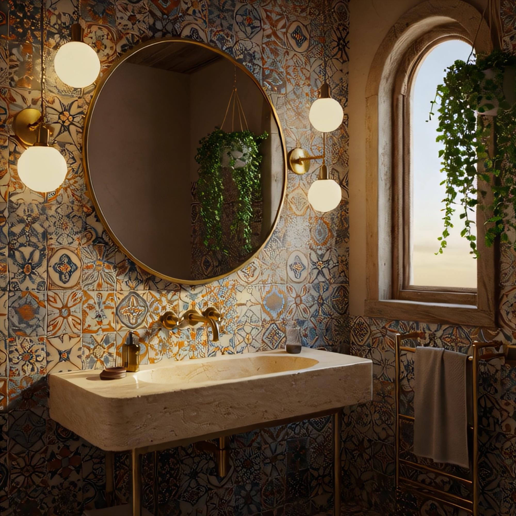 Rustic luxury vanity with natural travertine and Mediterranean-style tile backdrop.