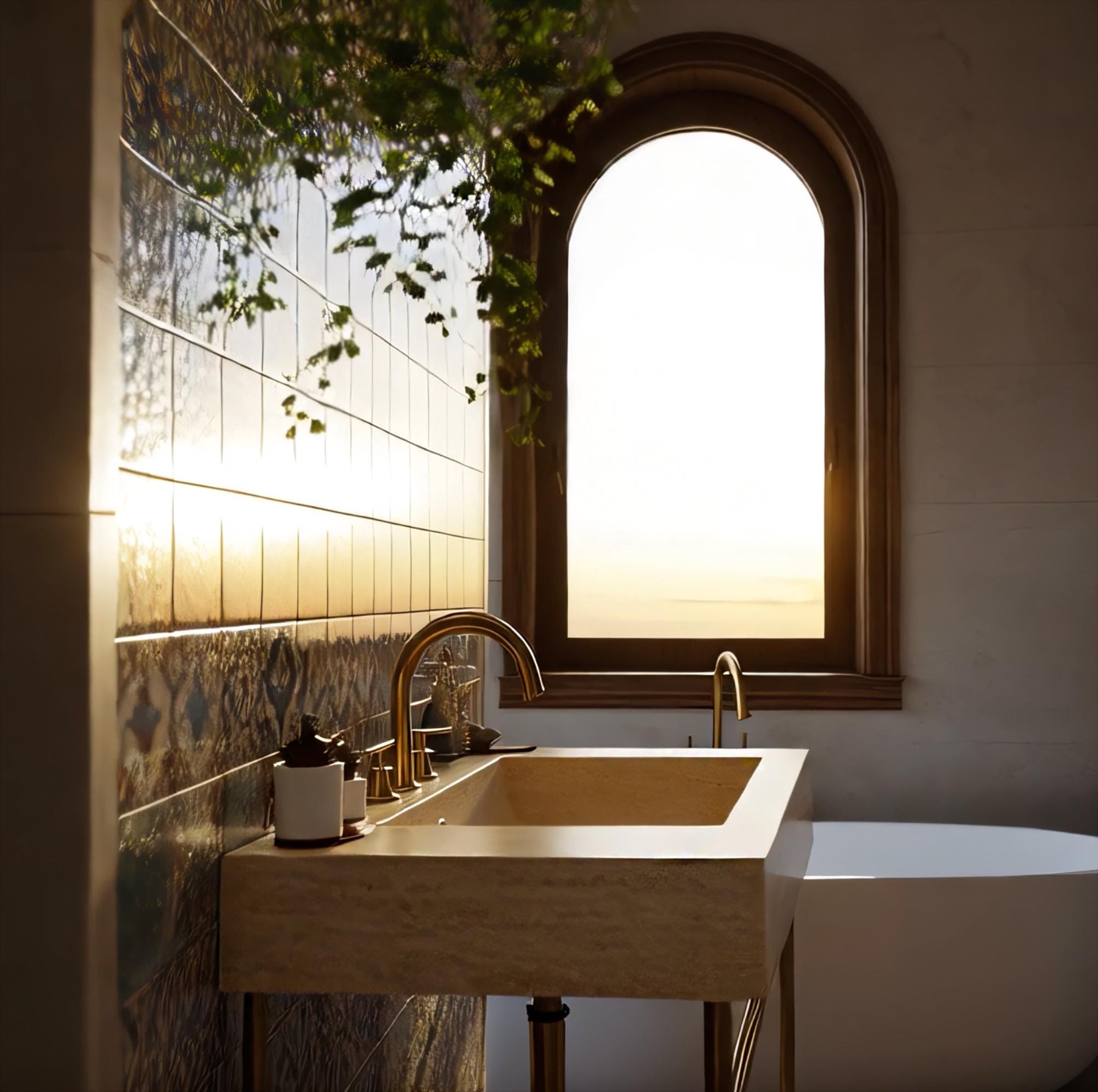 Natural stone bathroom vanity with gold faucet and artisan travertine basin