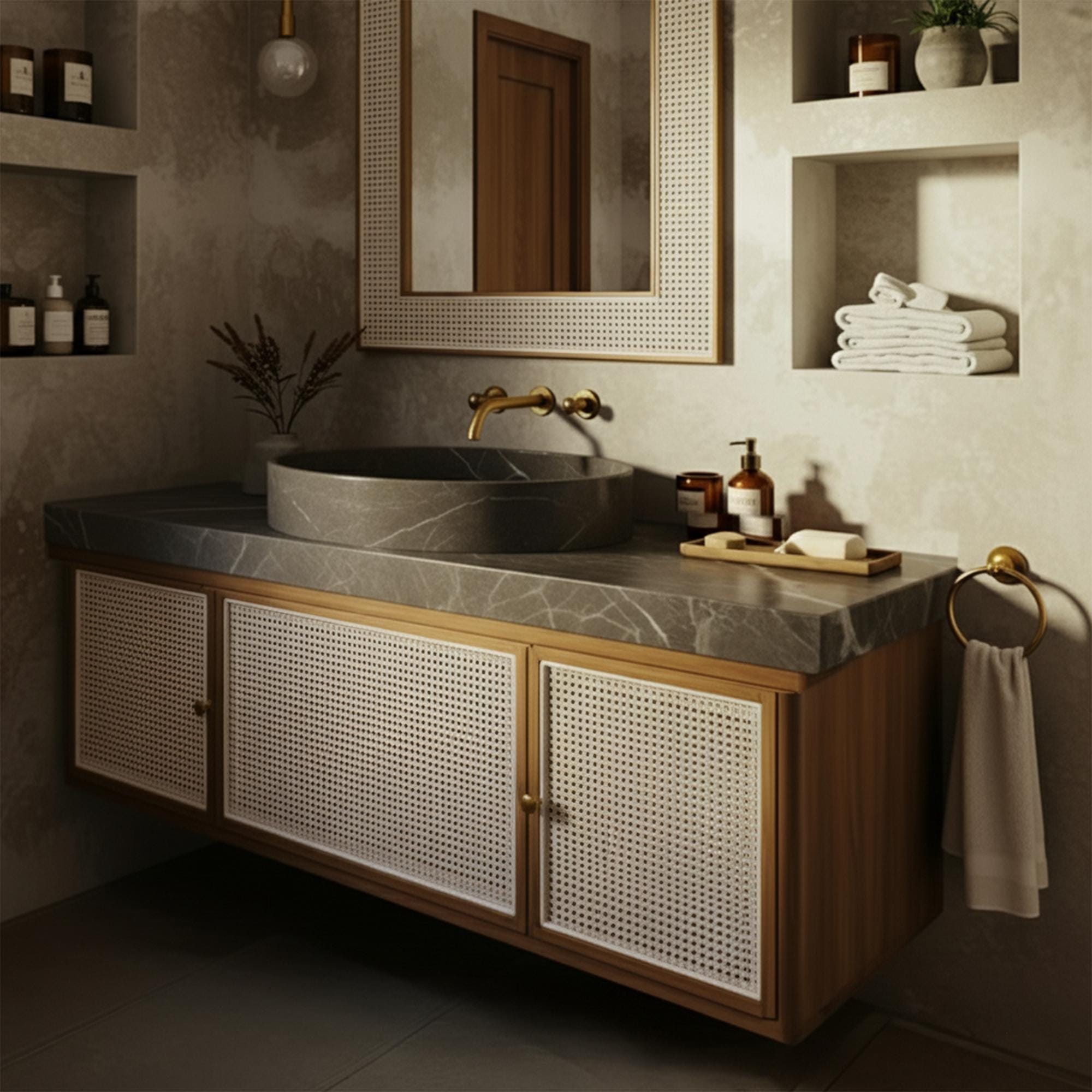 Silver Mist marble round vessel sink on dark gray countertop with rattan vanity