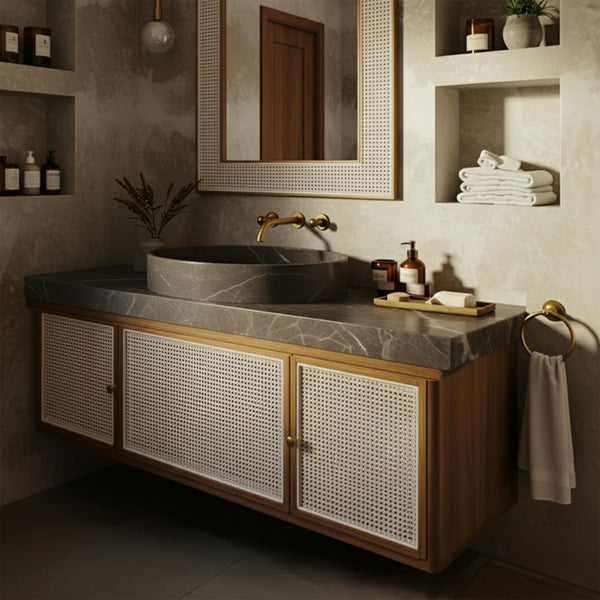 Silver Mist Marble Sink - Round Stone Vessel with Rattan Vanity & Countertop M2F72 hover