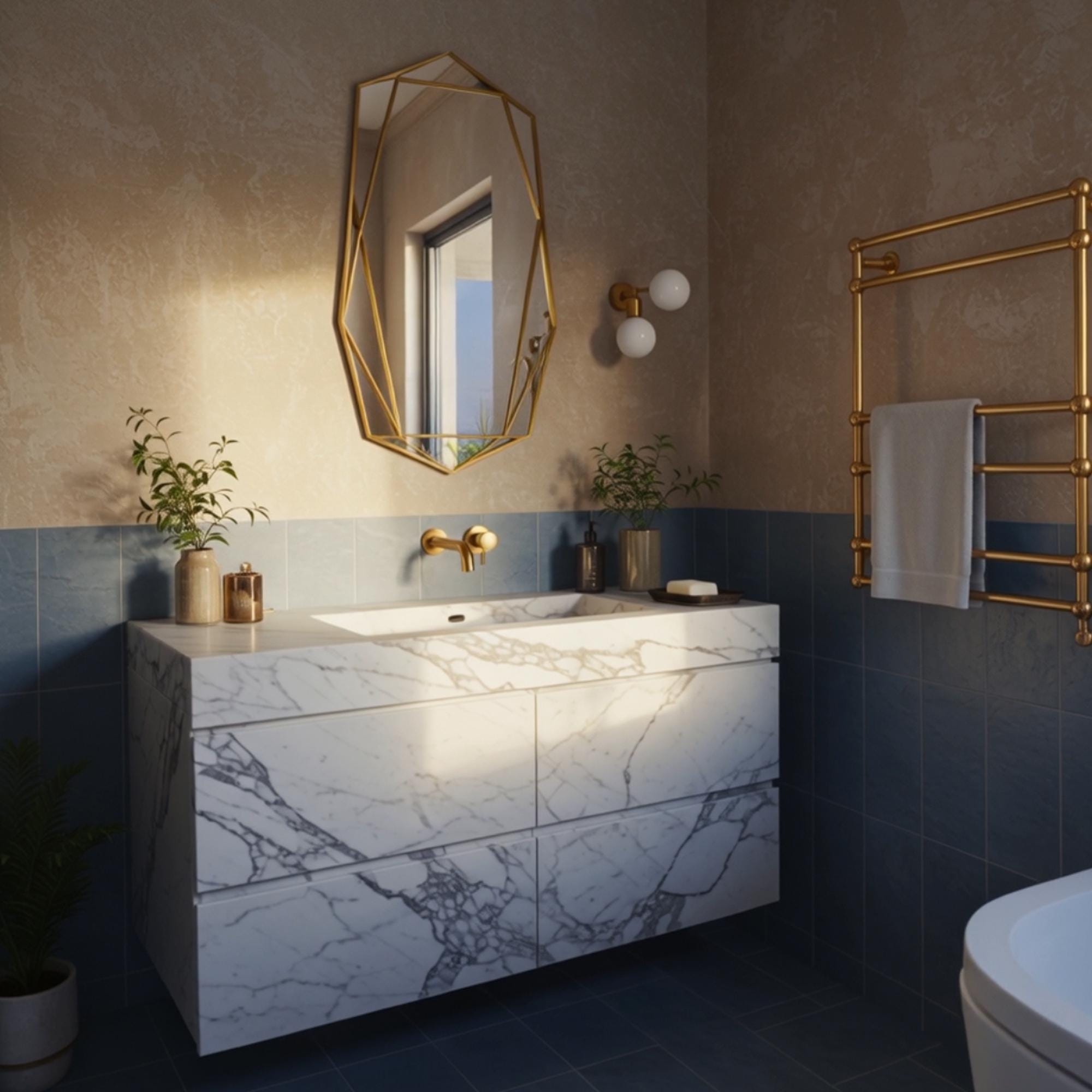 This high-end vanity showcases Italian marble craftsmanship, blending functional drawer space with timeless stone elegance.