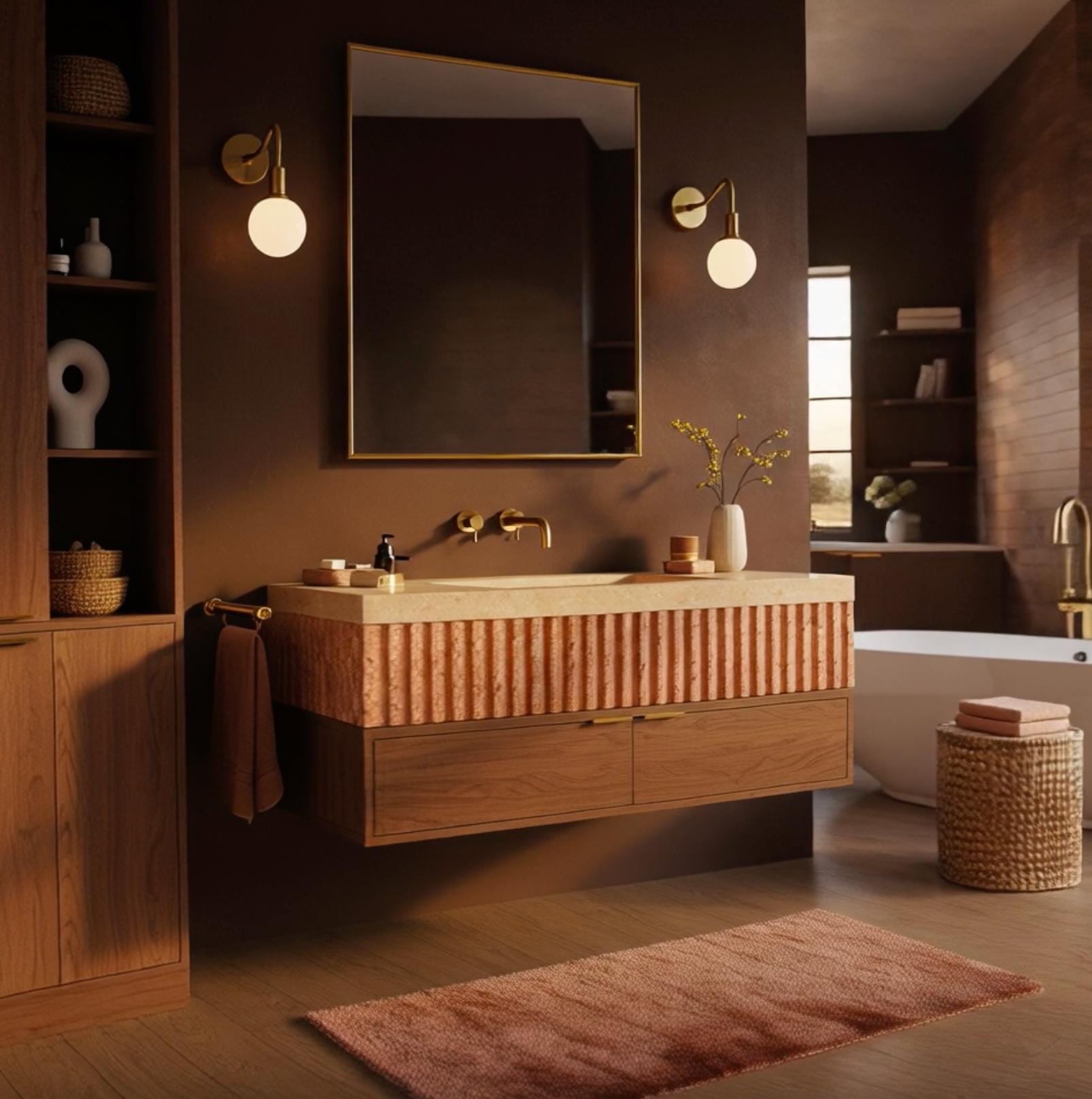 Floating pink marble basin with soft curves and artisan craftsmanship