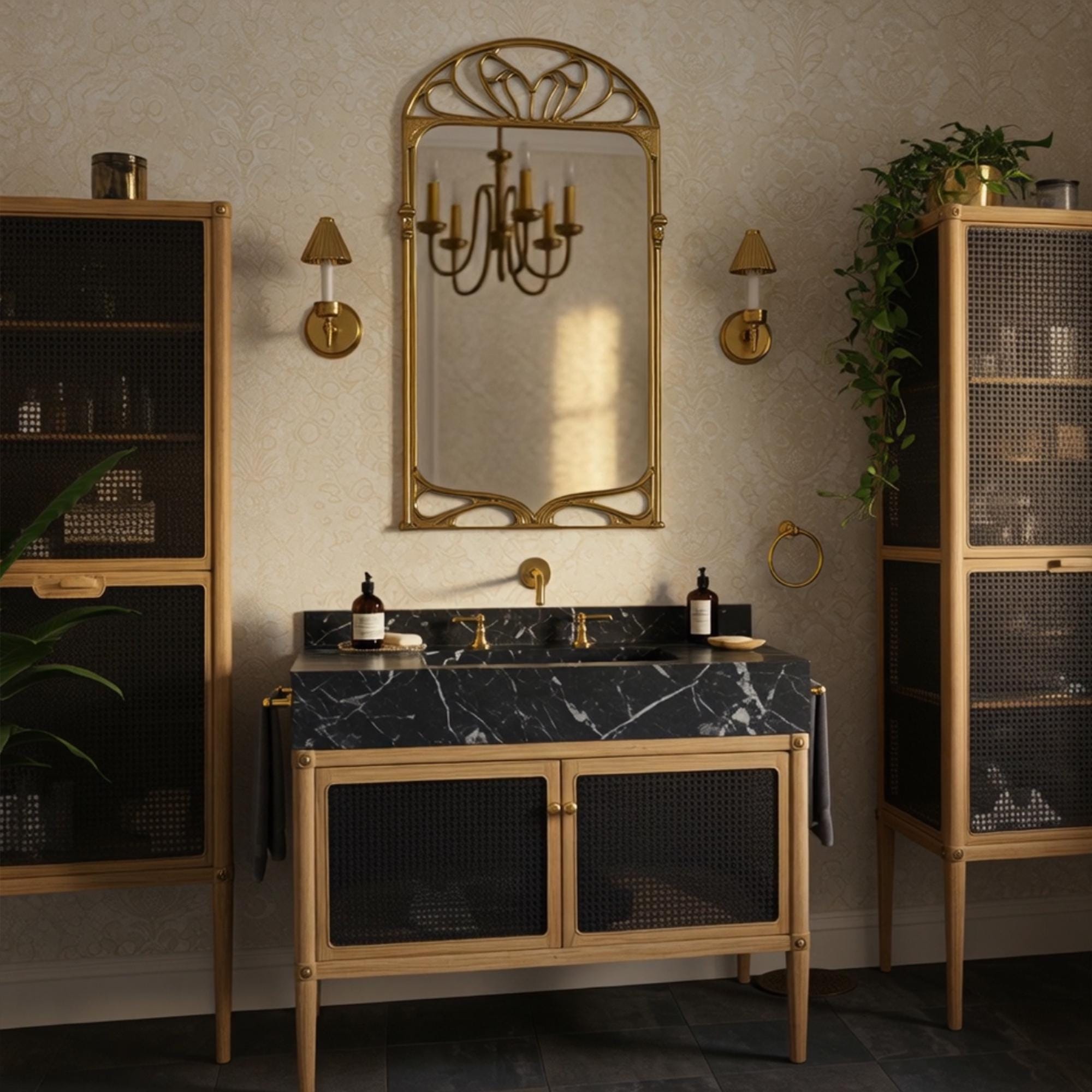 Luxury black marble sink with oak cabinet