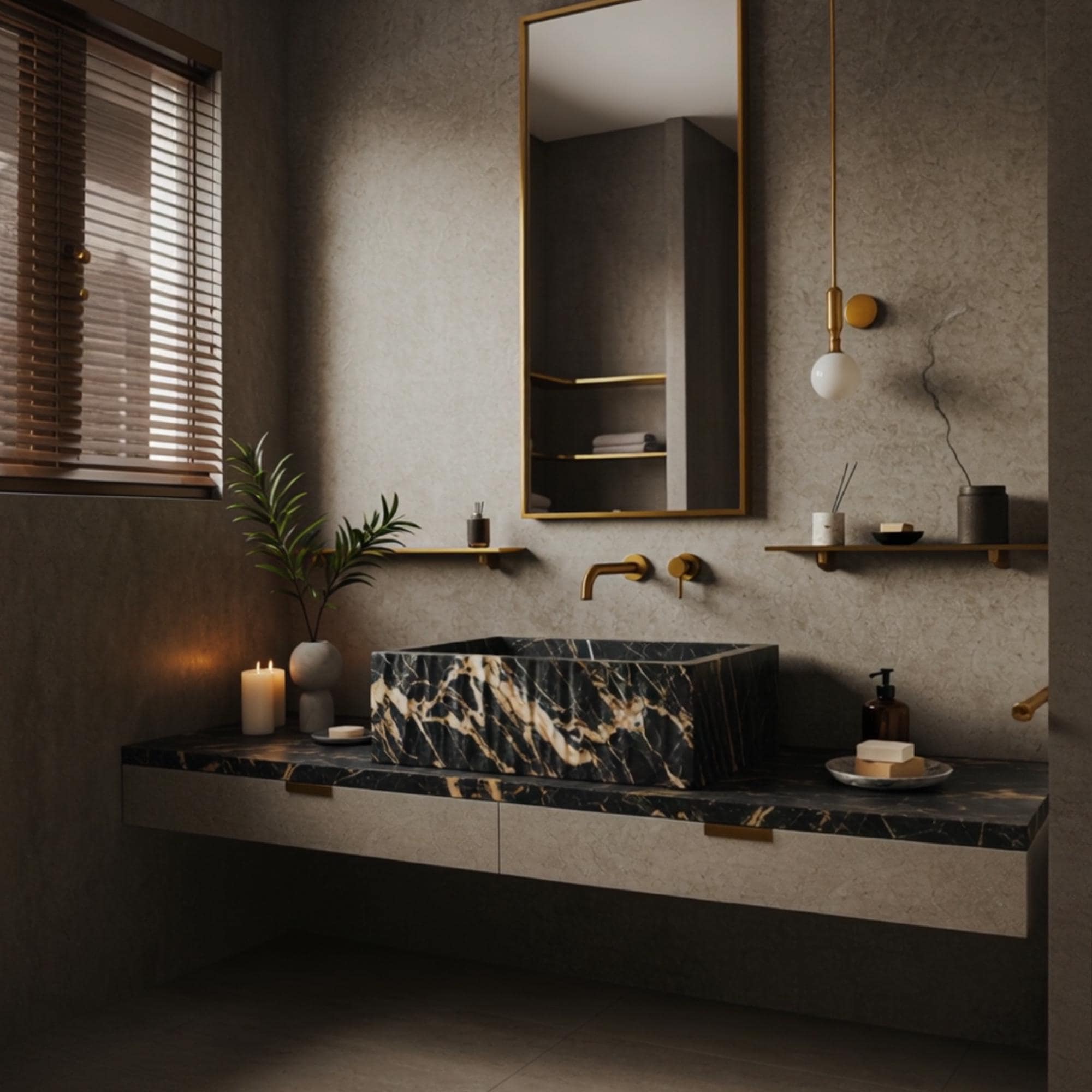 Modern vanity top with sculptural marble vessel basin