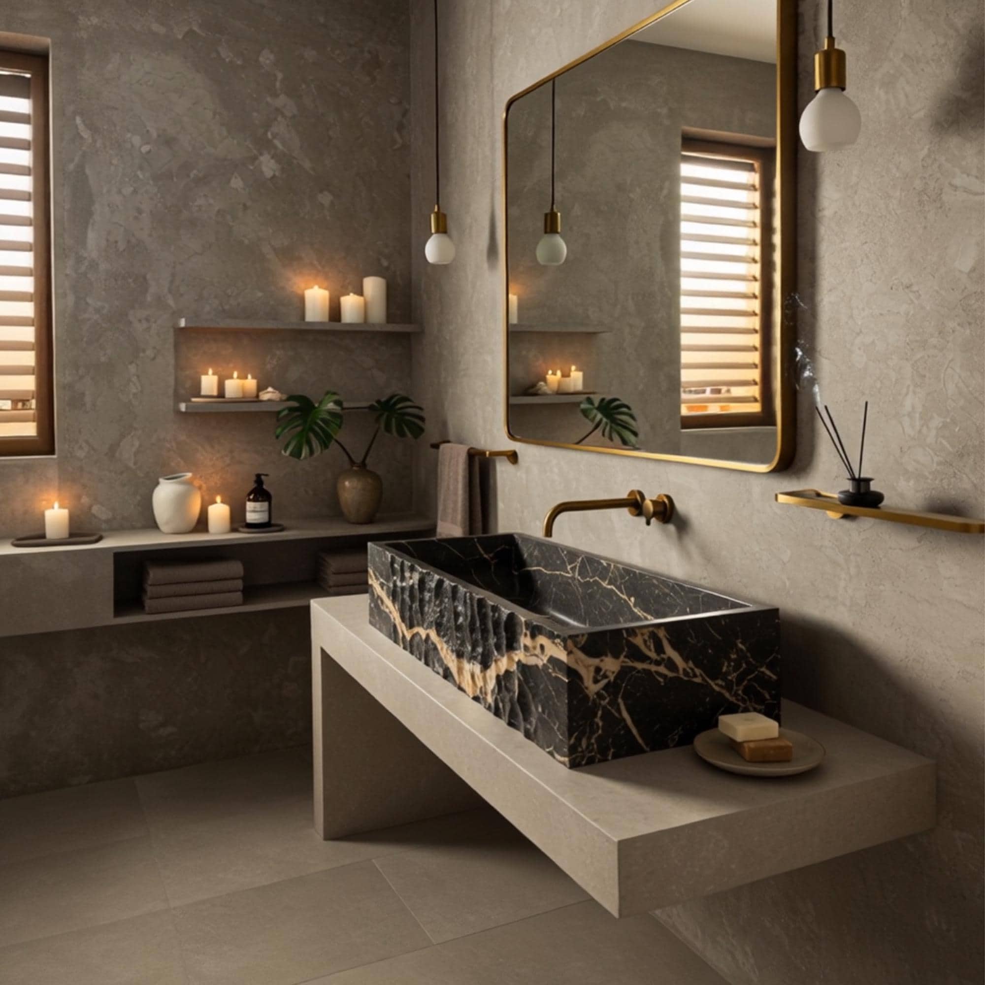 Floating black and gold stone vanity sink