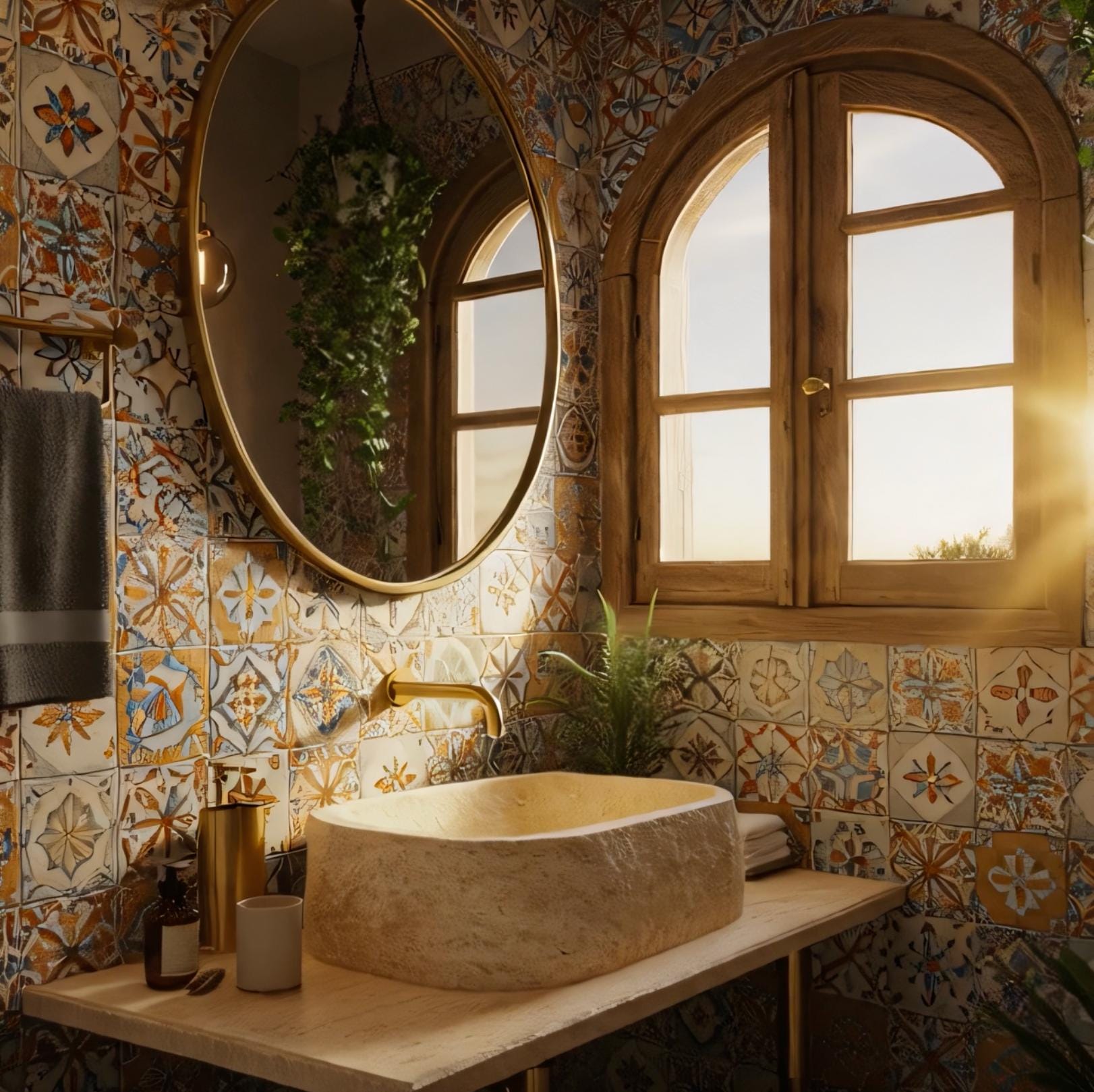 A handcrafted travertine vessel sink glows warmly under ambient lighting in a designer space.