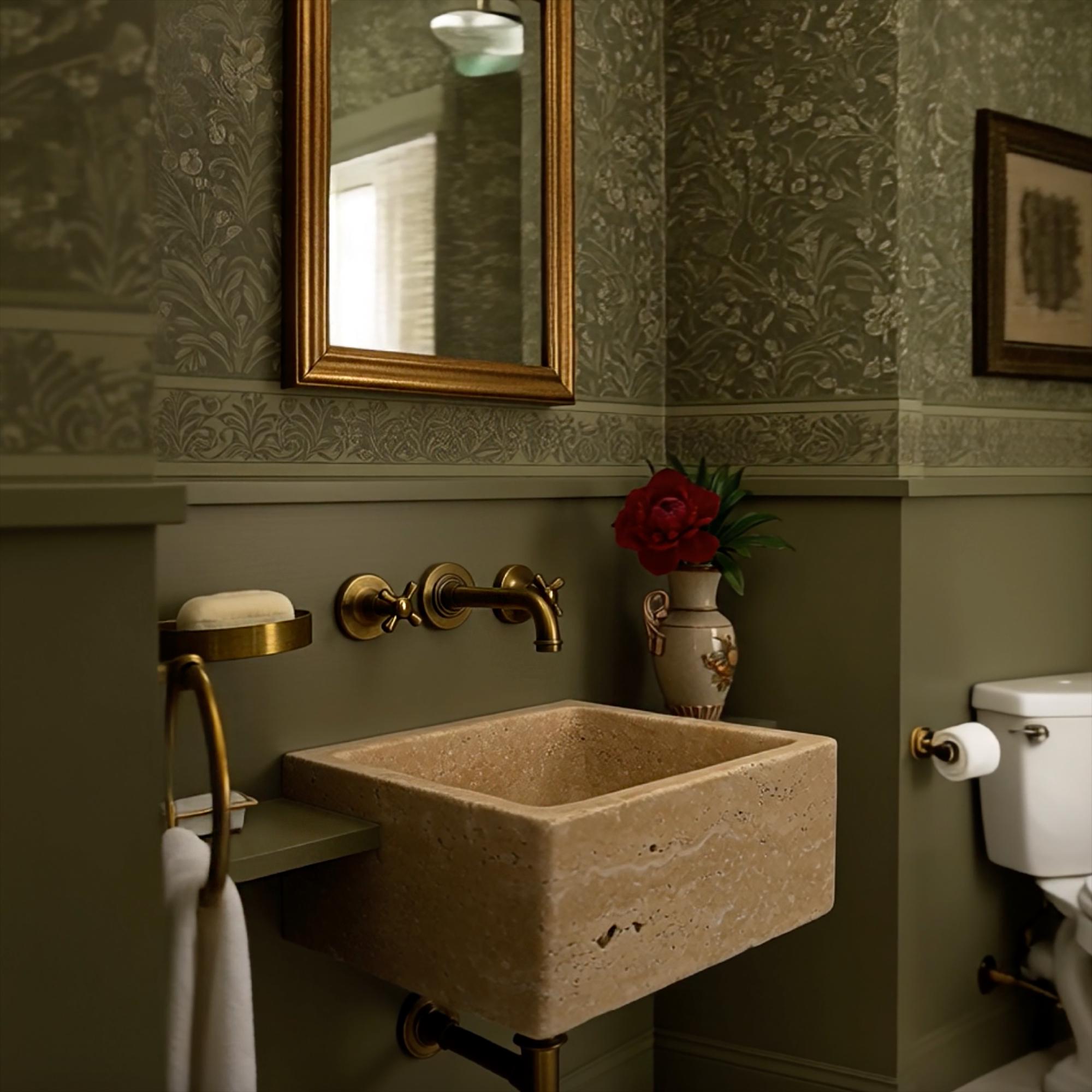 This travertine basin offers a warm, earthy contrast to the green vanity wall behind it.