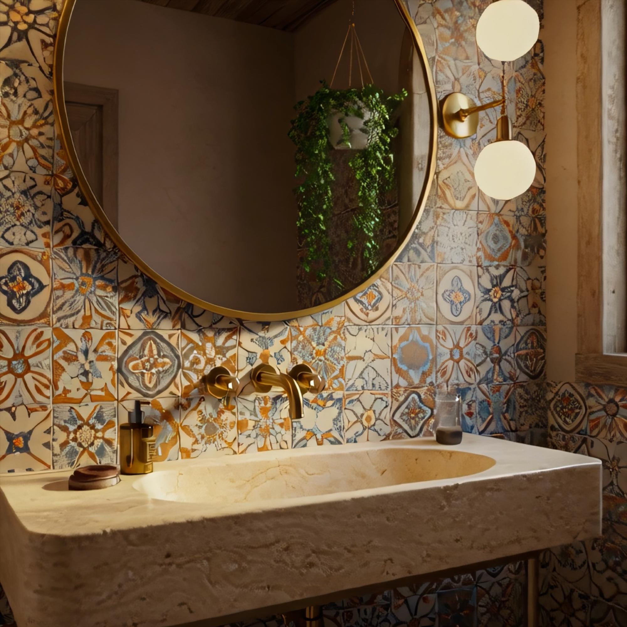 Handcrafted stone sink offering earthy texture and luxurious golden metal details.