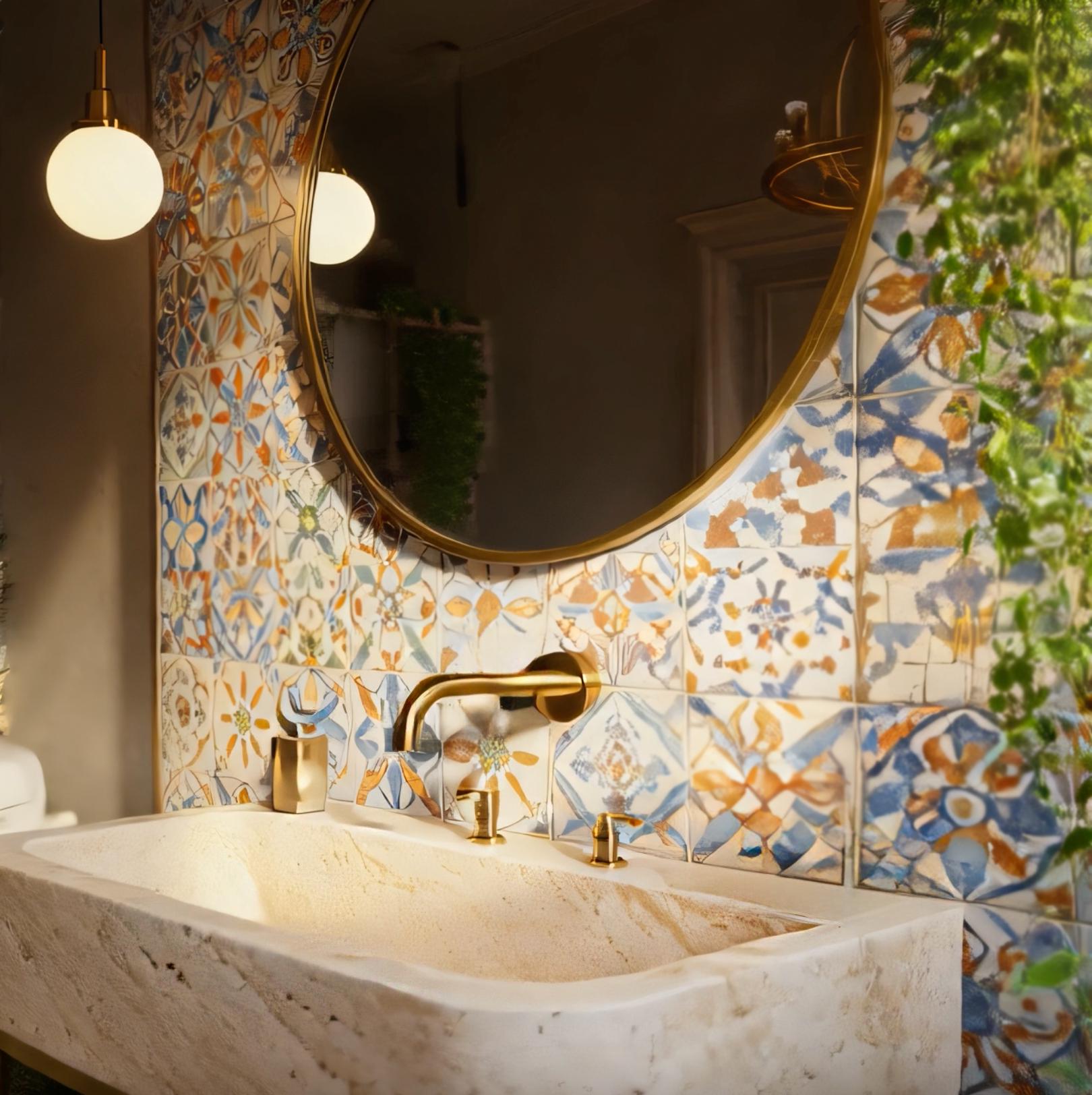 This image highlights the unique veining and texture of a hand-carved travertine sink.