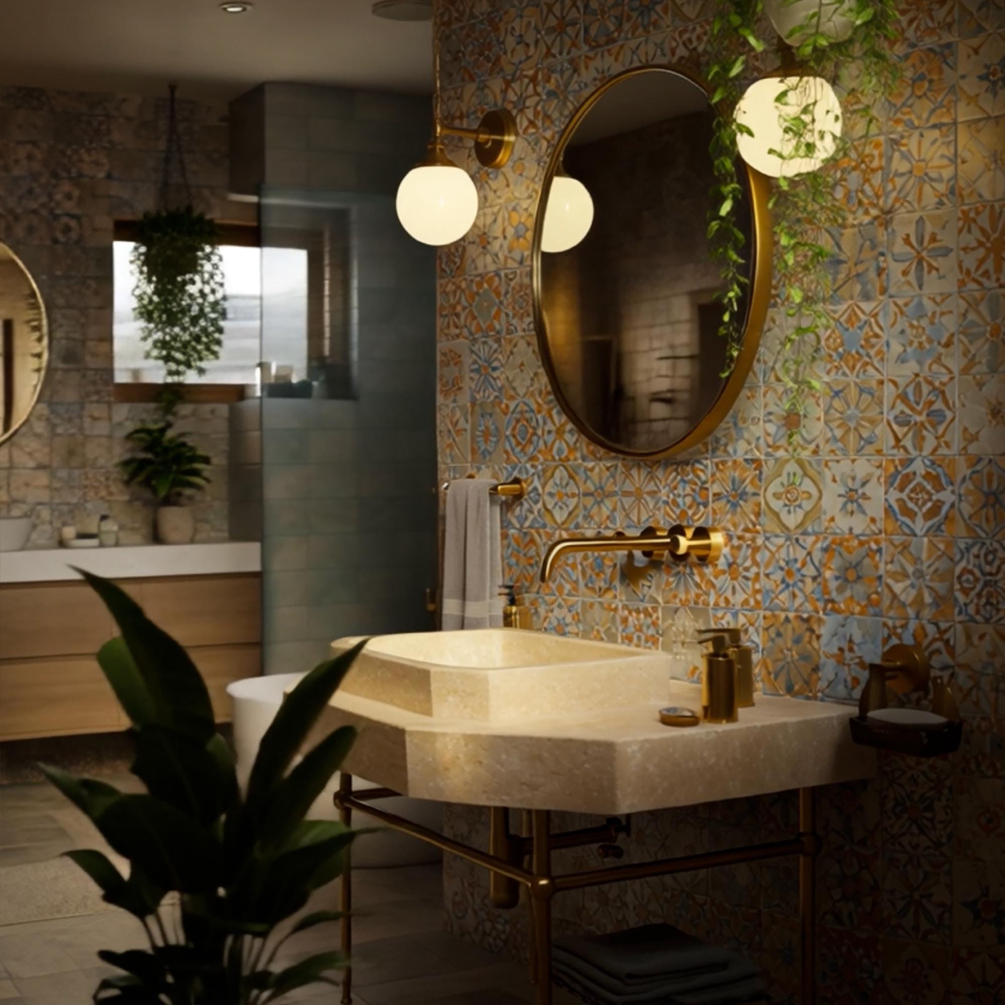 A handcrafted travertine sink sits on a stone counter with antique brass fittings in a Mediterranean-inspired setting.