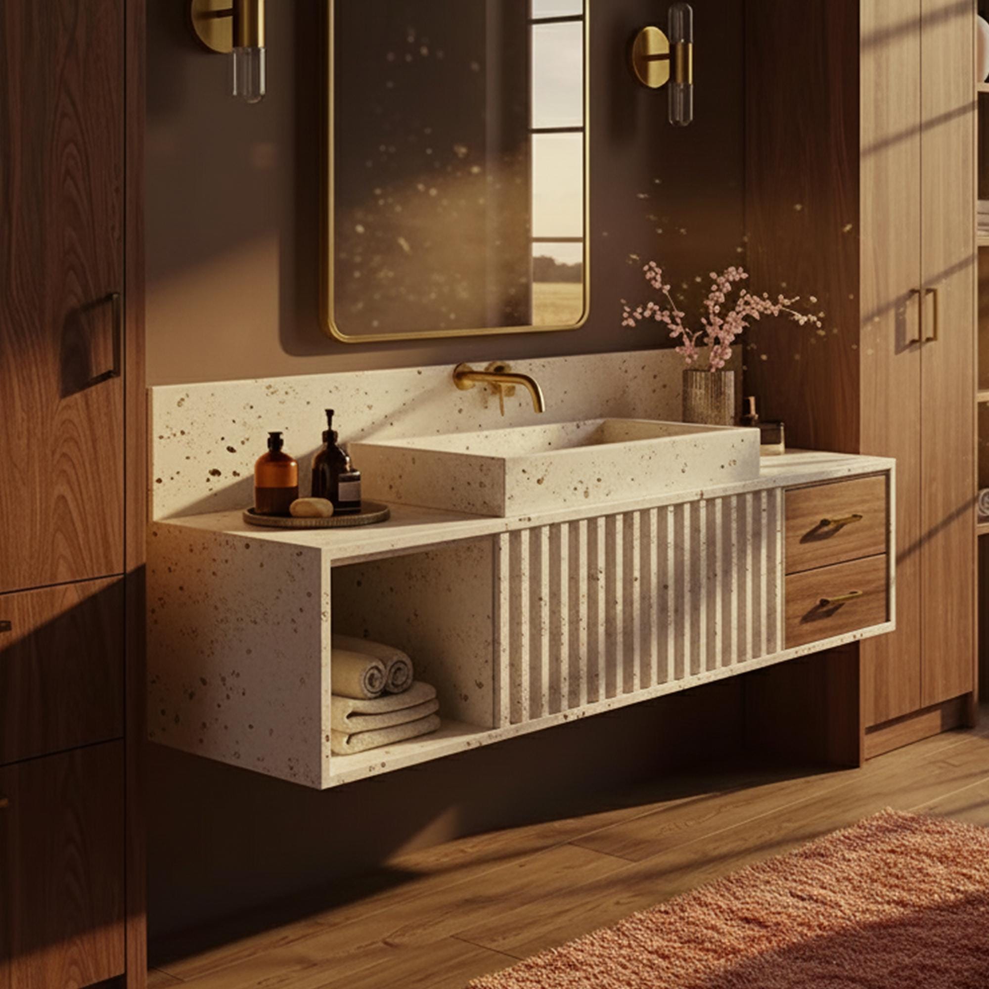 Floating stone vanity with a square travertine basin and built-in shelving and drawer storage.