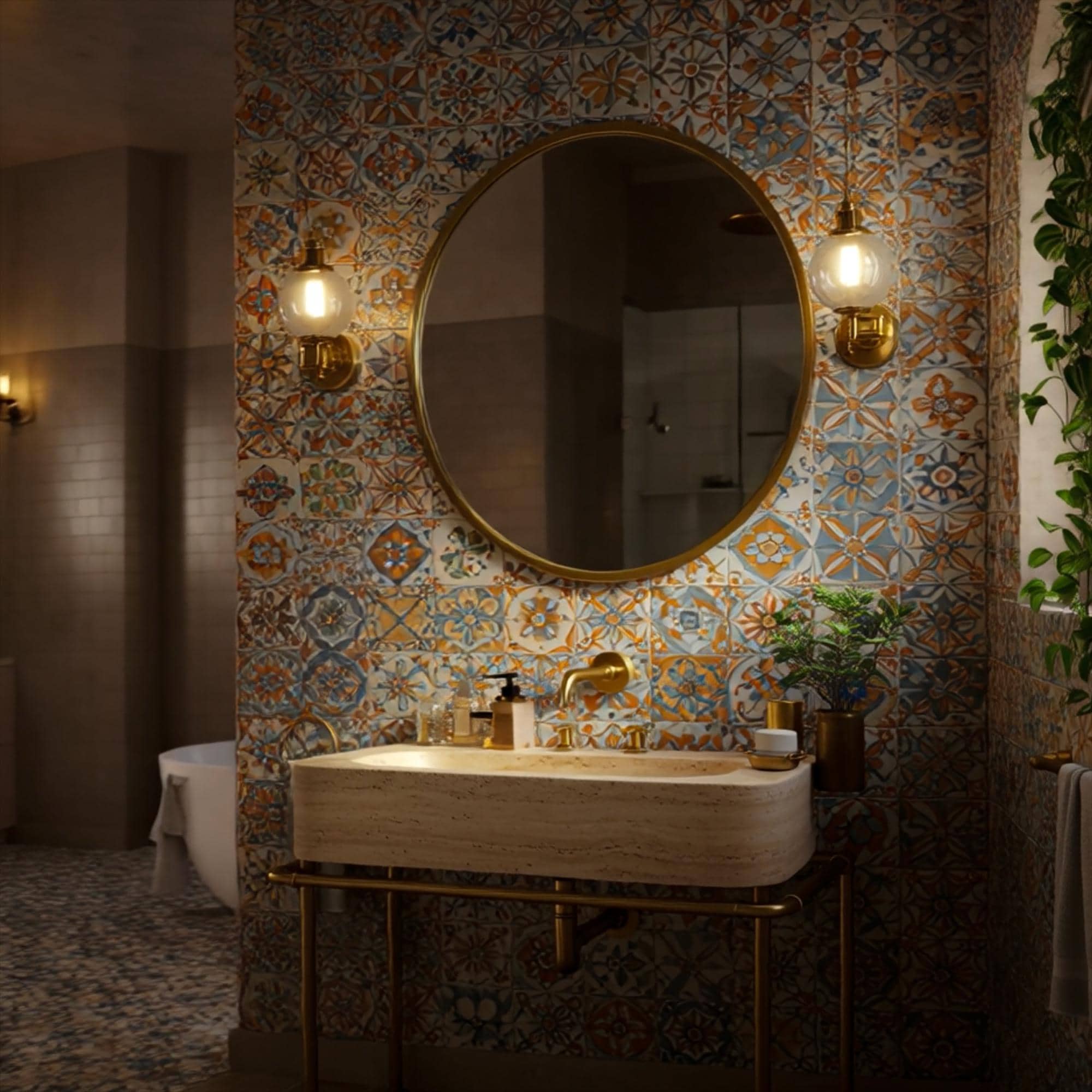 Elegant powder room featuring a wall-mounted travertine sink and patterned tile wall.