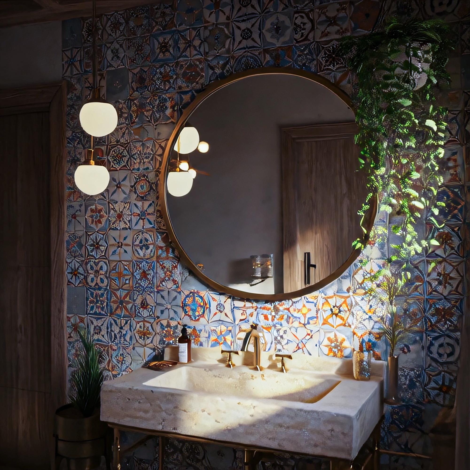 Elegant travertine sink basin with metallic legs and faucet.