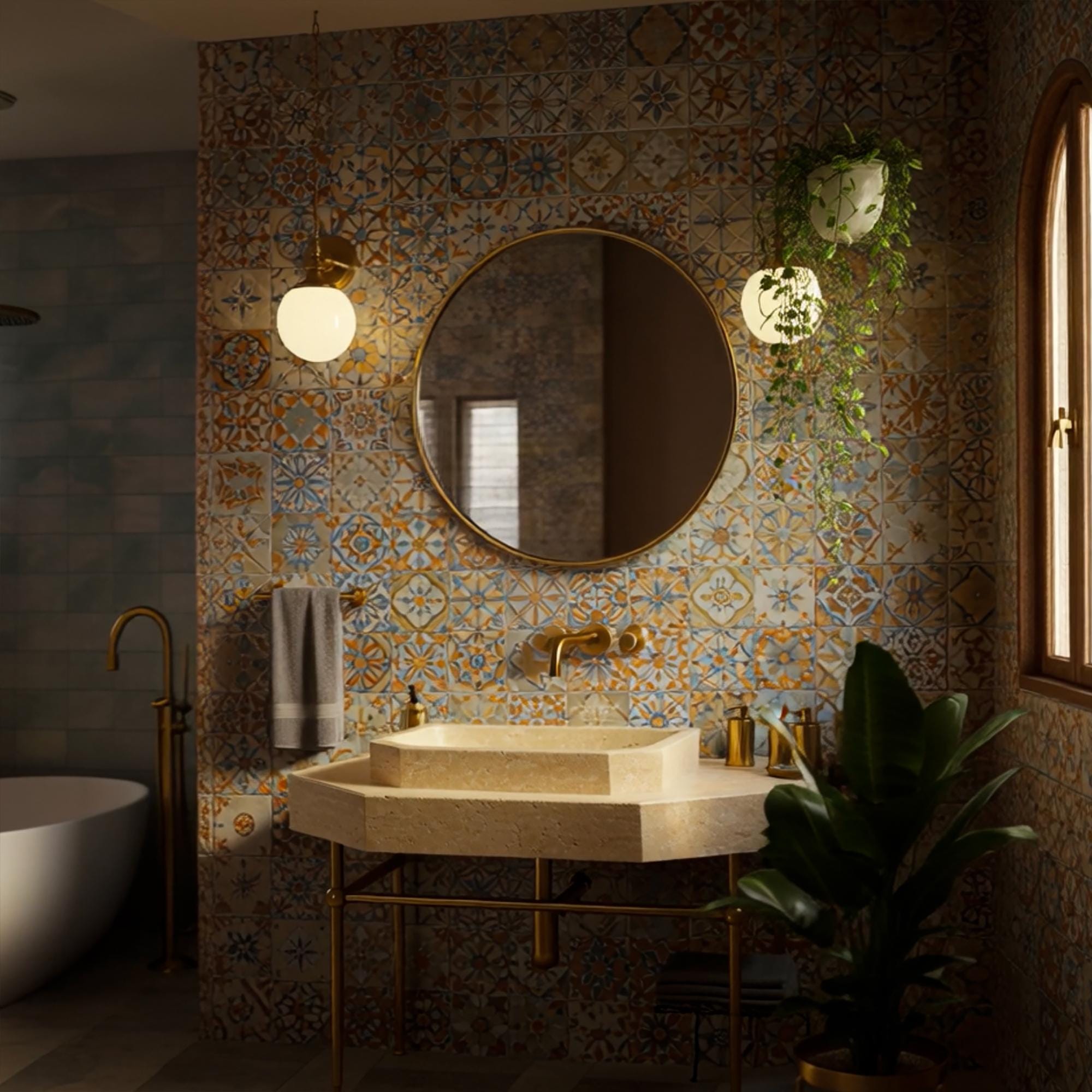 A unique octagonal travertine sink is the centerpiece of this richly detailed bathroom interior.