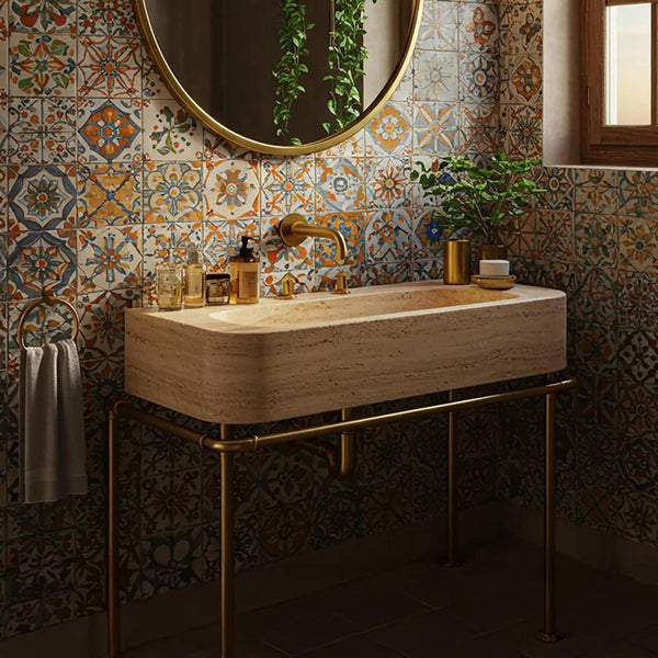 Travertine Stone Vanity Sink with Gold Metal Base M2M004