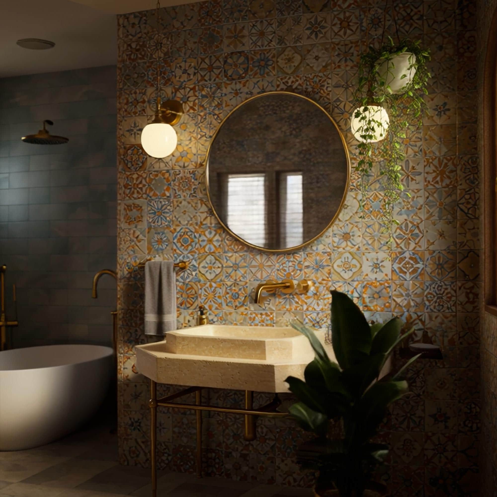 This bathroom vanity features a natural stone octagonal basin and warm-toned travertine slab.
