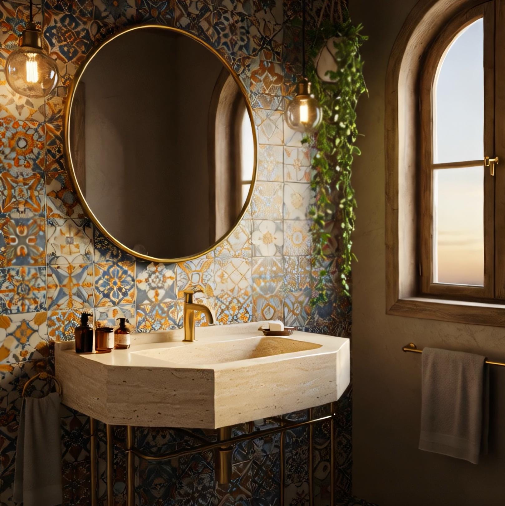 Artisan travertine sink set against Mediterranean patterned wall tiles