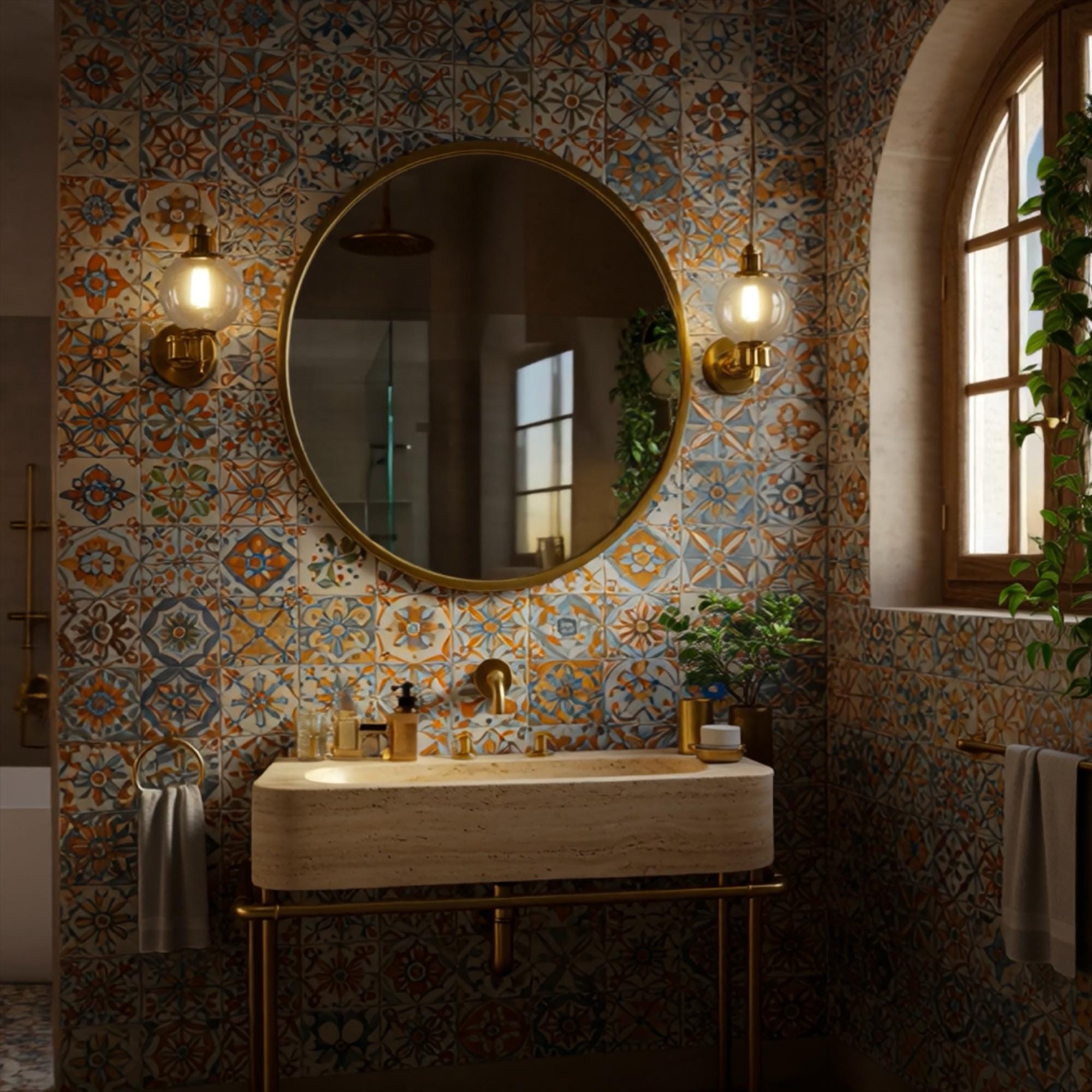 Warm-toned travertine basin resting on a minimalist gold metal stand.