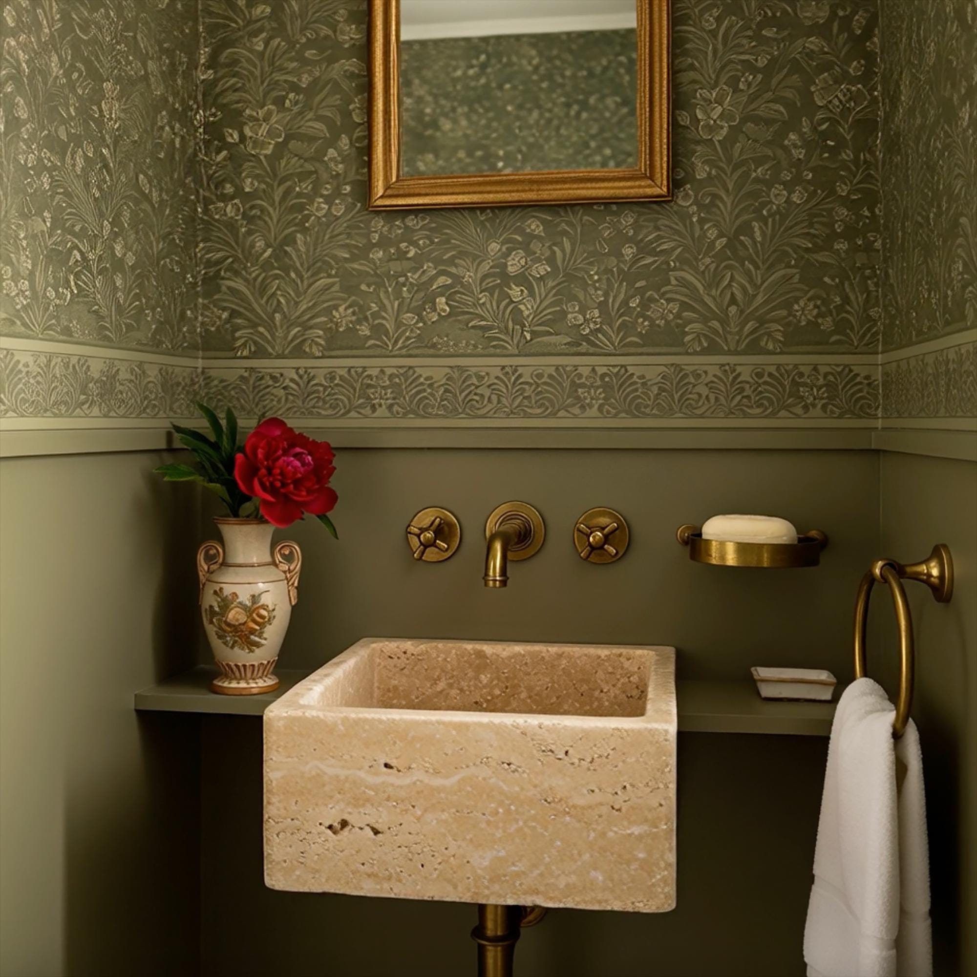 The sink sits like a sculptural piece in an upscale interior, merging rustic and refined tones.