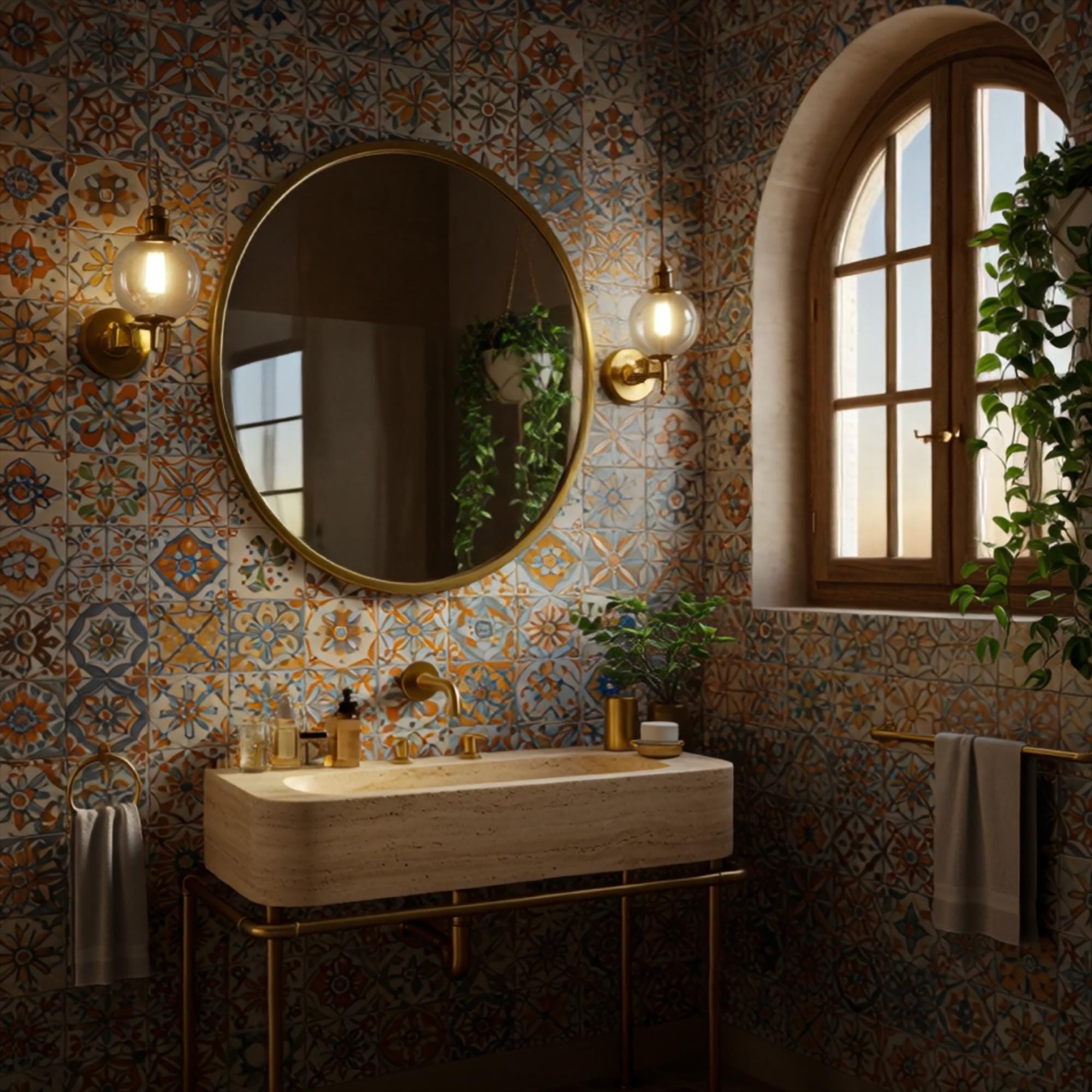 Sophisticated bathroom design with travertine and brass accents.