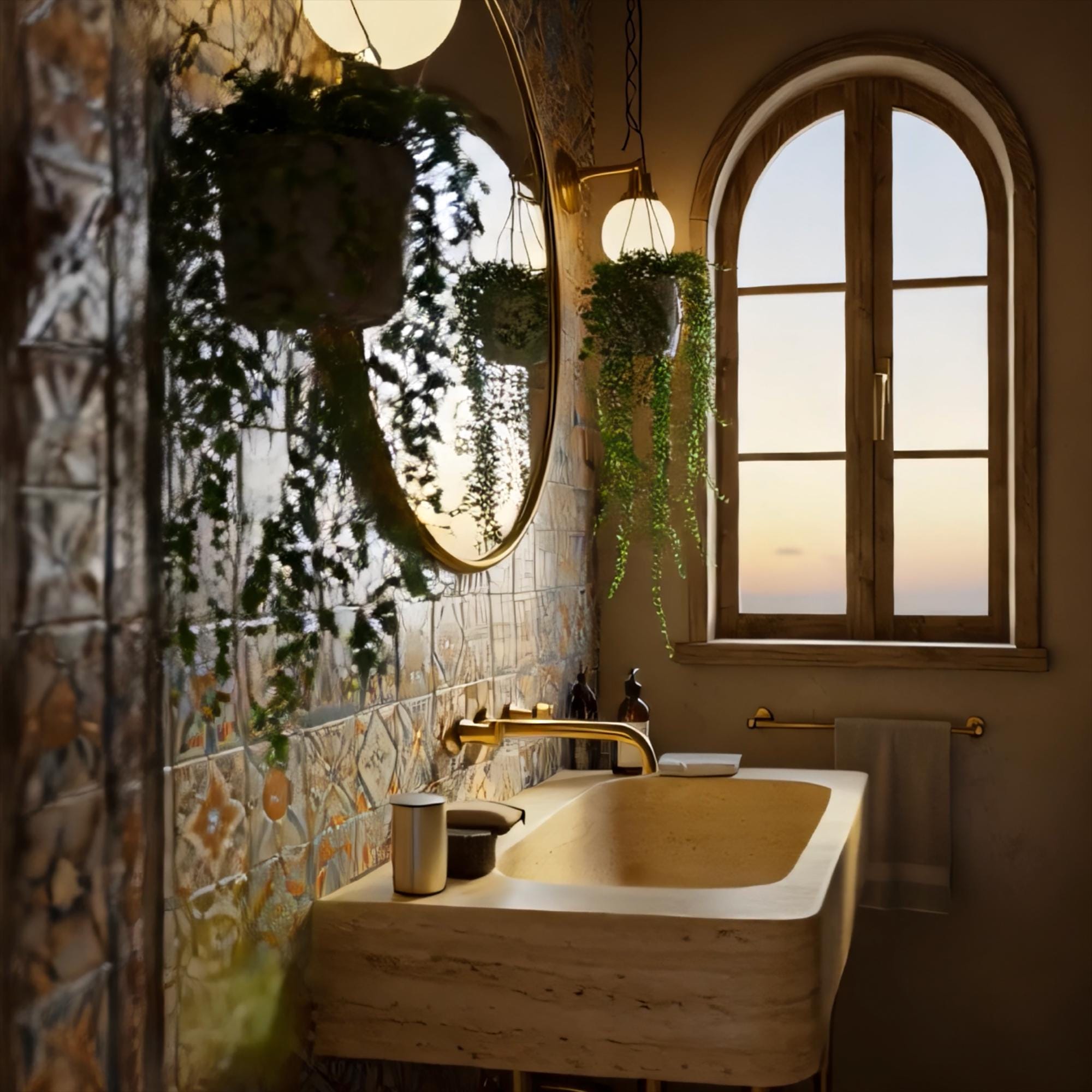 A handcrafted travertine vanity basin elegantly mounted against a patterned tile wall.