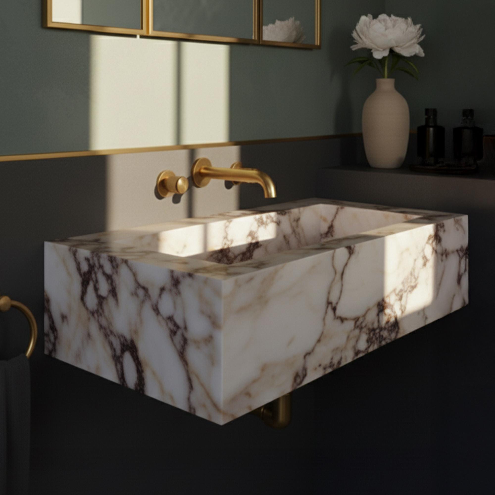 Rectangular floating marble basin featuring natural amber veining and modern minimalist design.