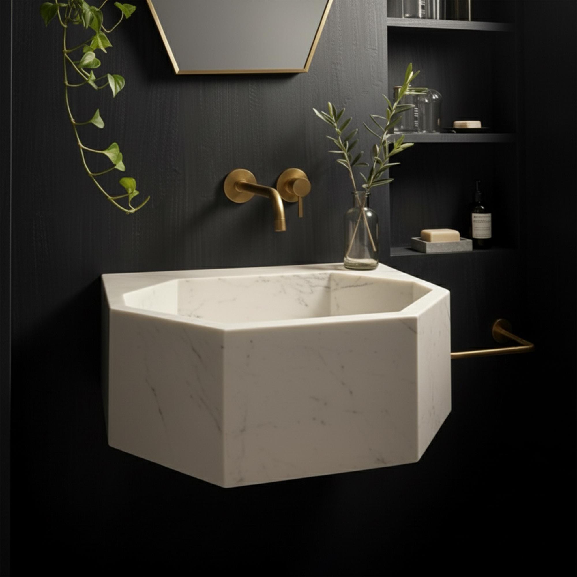 Minimalist white marble basin with geometric edges and integrated high-end vanity design.