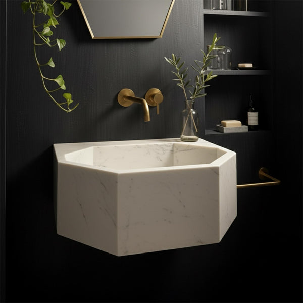 Carrara Marble Octagon Sink - Wall-Mounted Modern Vanity Basin M2S025 hover