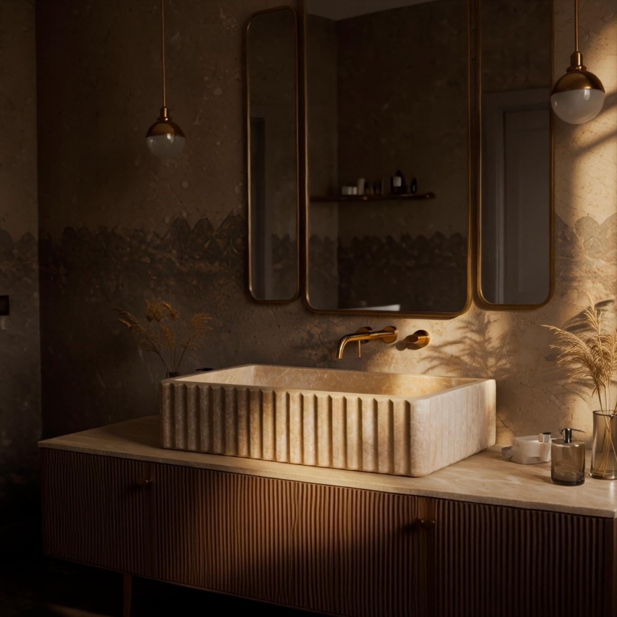Sophisticated powder room showcasing a sculpted marble basin.