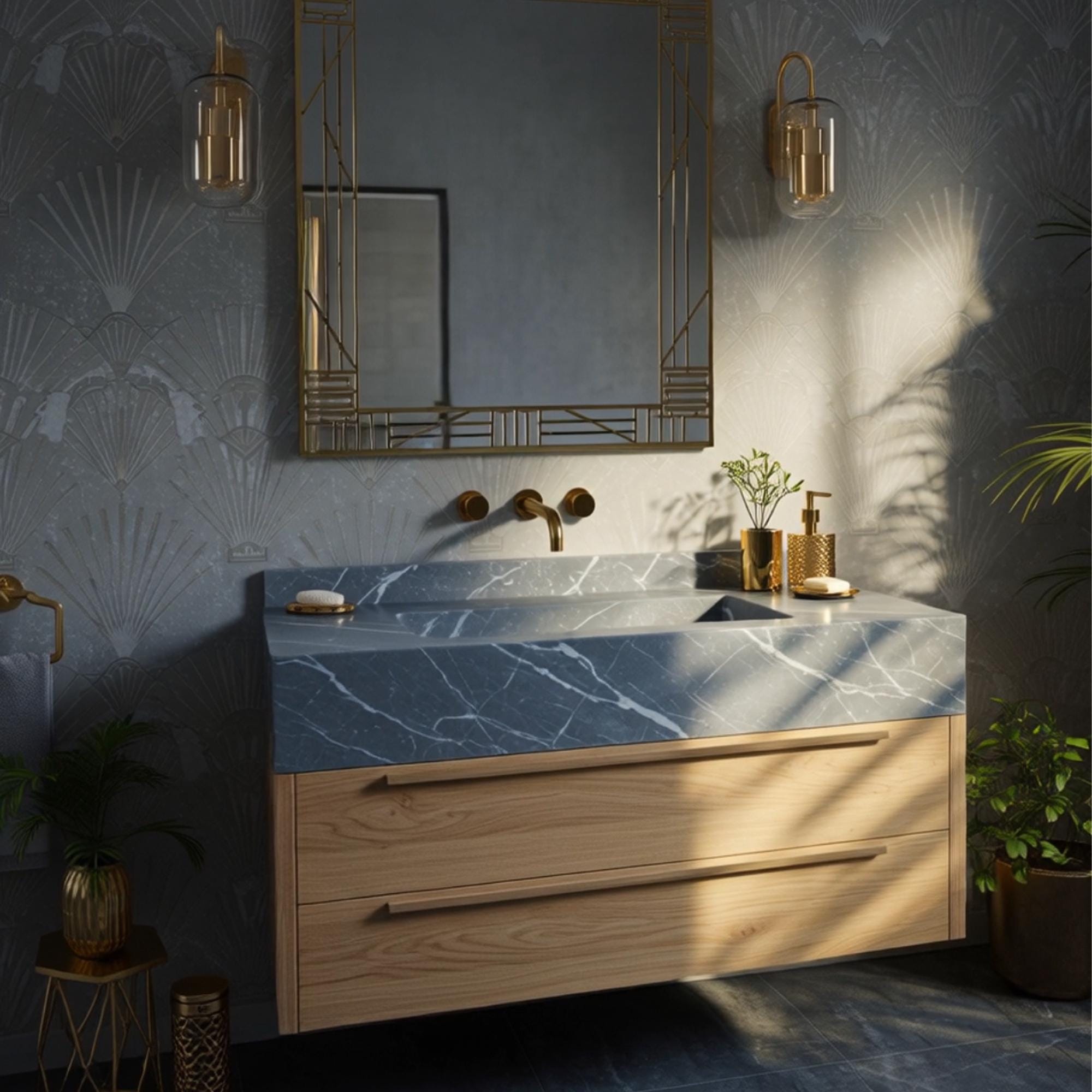 Modern gray marble sink with elegant wood base in natural lighting