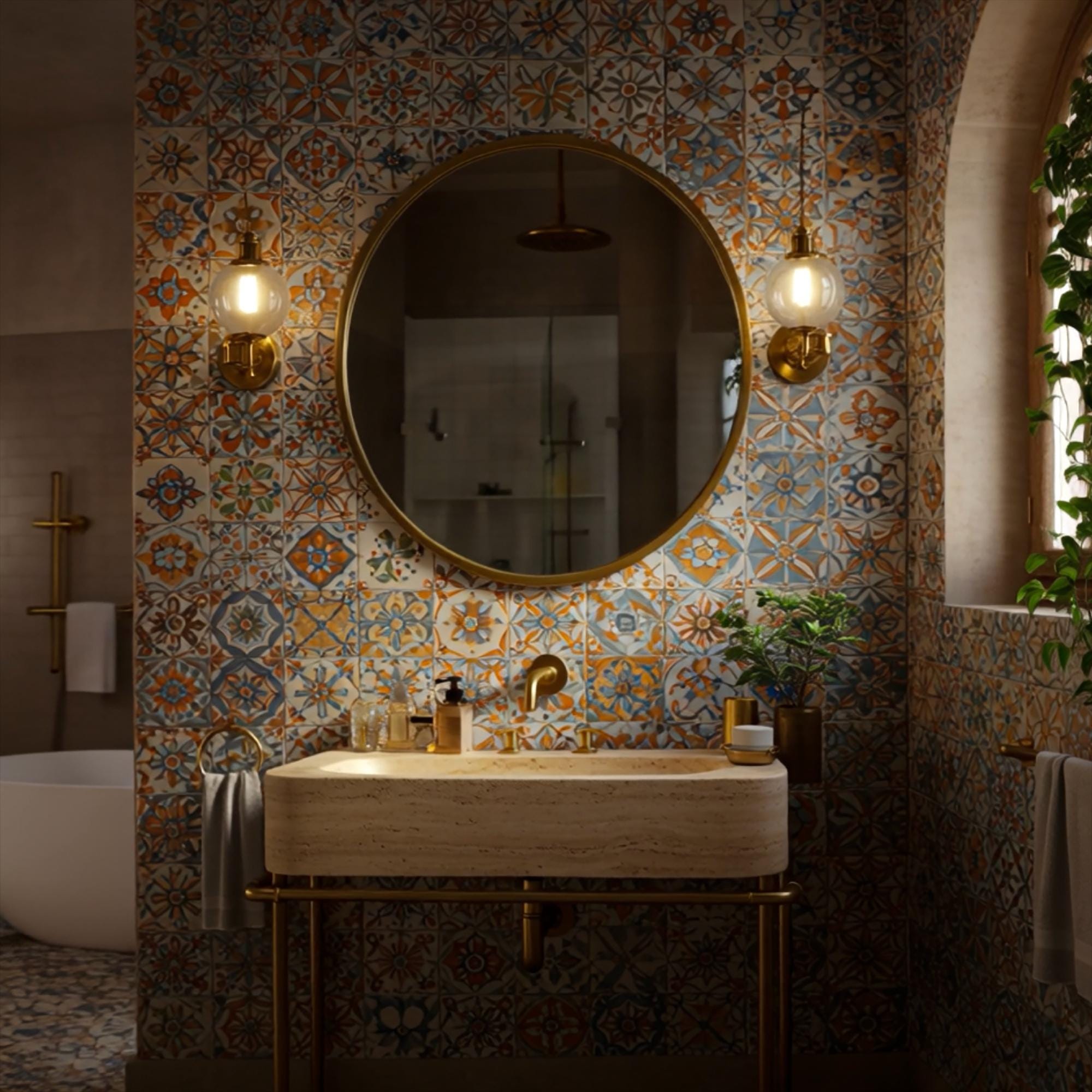 Natural stone vanity sink set against vibrant, rustic tiles with gold plumbing details.