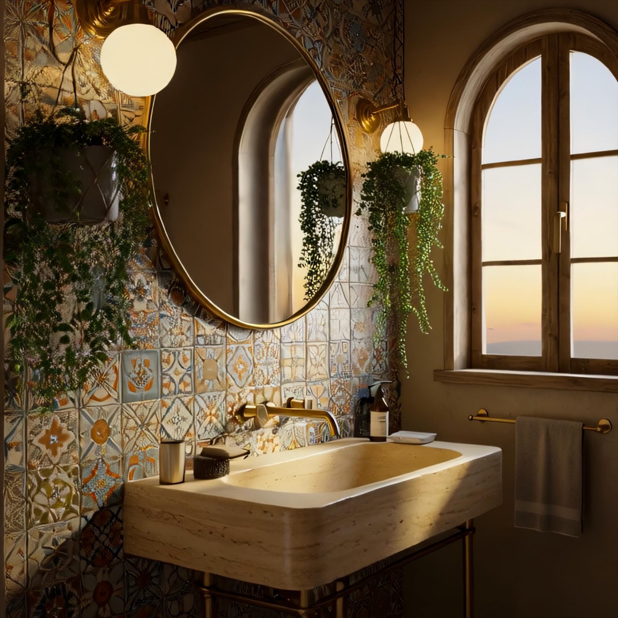 A warm-toned stone sink with rounded edges and minimalist brass pipework.
