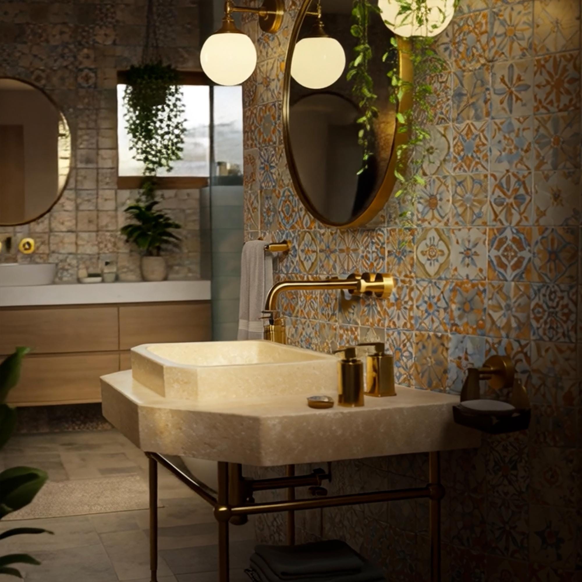 The travertine vessel sink in this image showcases refined artisan craftsmanship and organic textures.