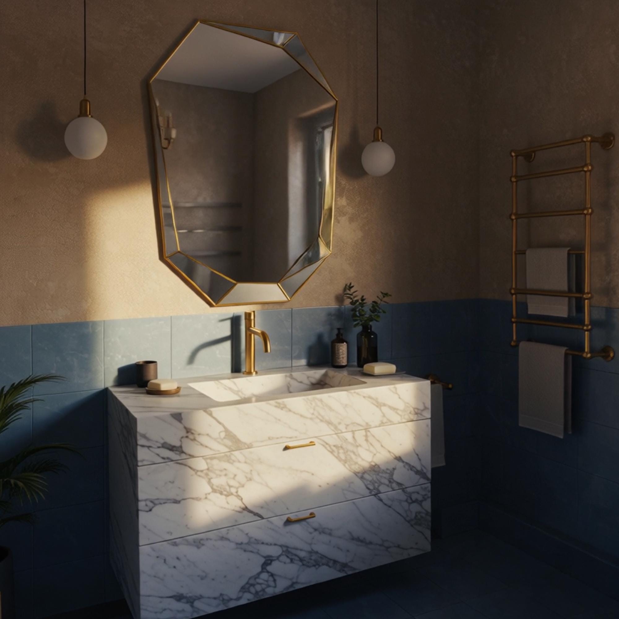 White marble vanity cabinet with gold faucet in luxury interior